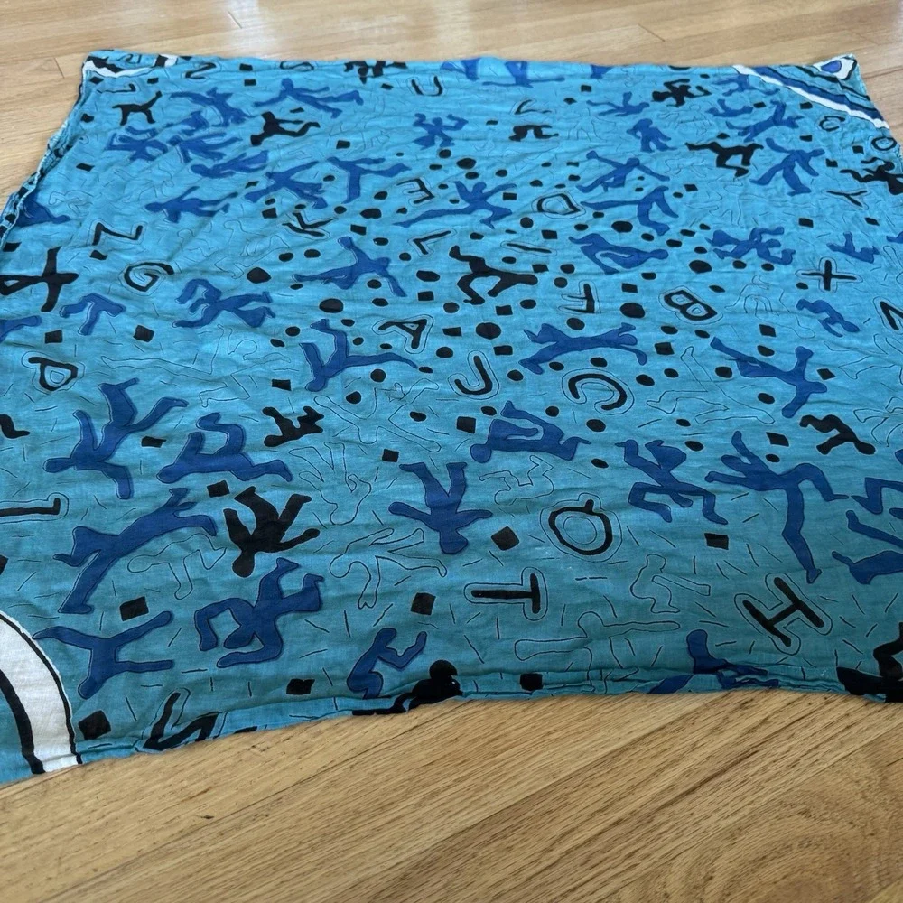 Keith Haring-style dancing figures and alphabet letter pattern Scarf Blue Art